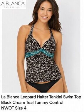 La Blanca Leopard Print Halter Tankini Top Teal Accent Swimwear Size 4 NWOT